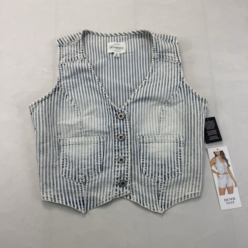 REgeneration by Celebrity Pink Women's M Blue White Striped Denim Vest NWT